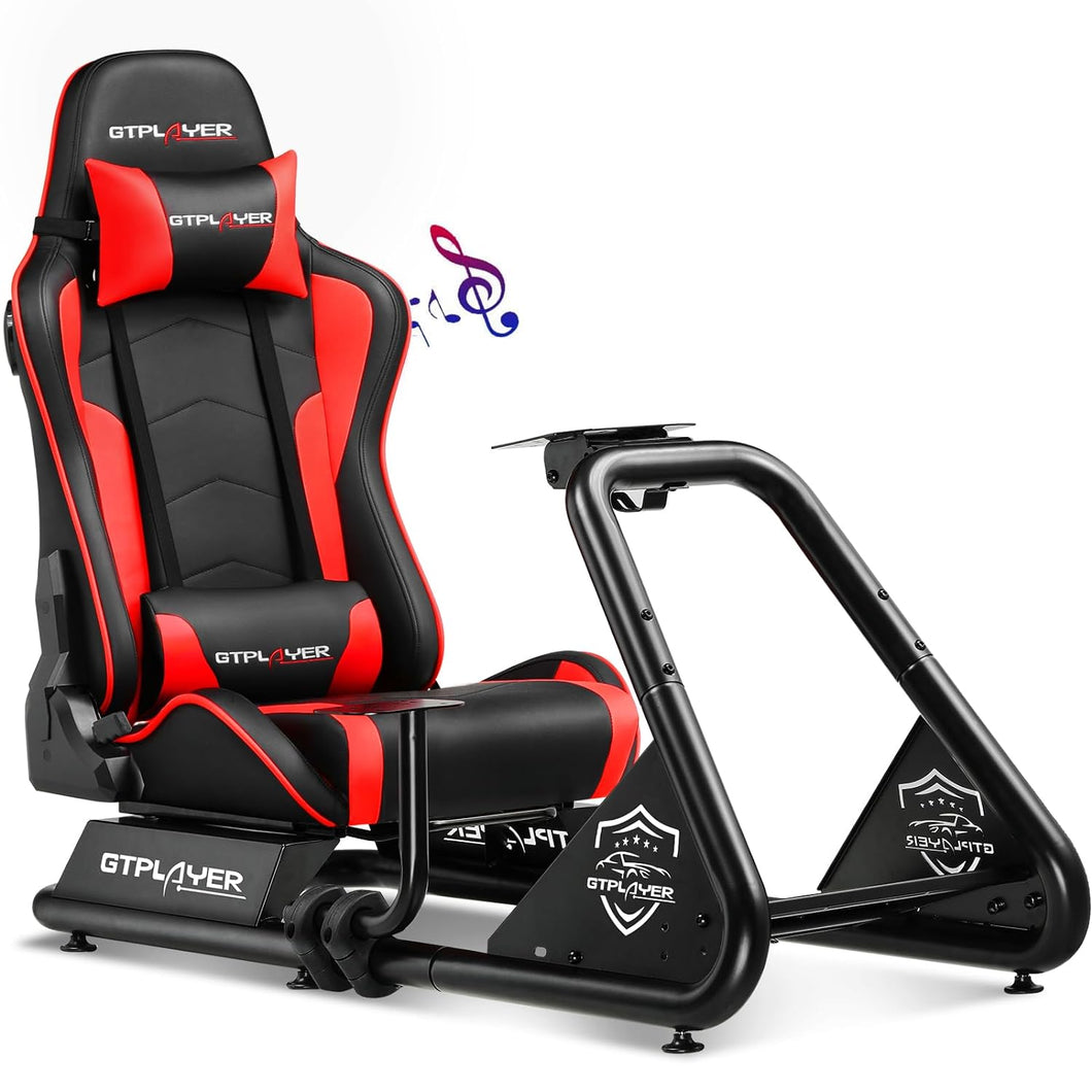 Red/Racing Simulator Cockpit with Seat and Bluetooth Speakers