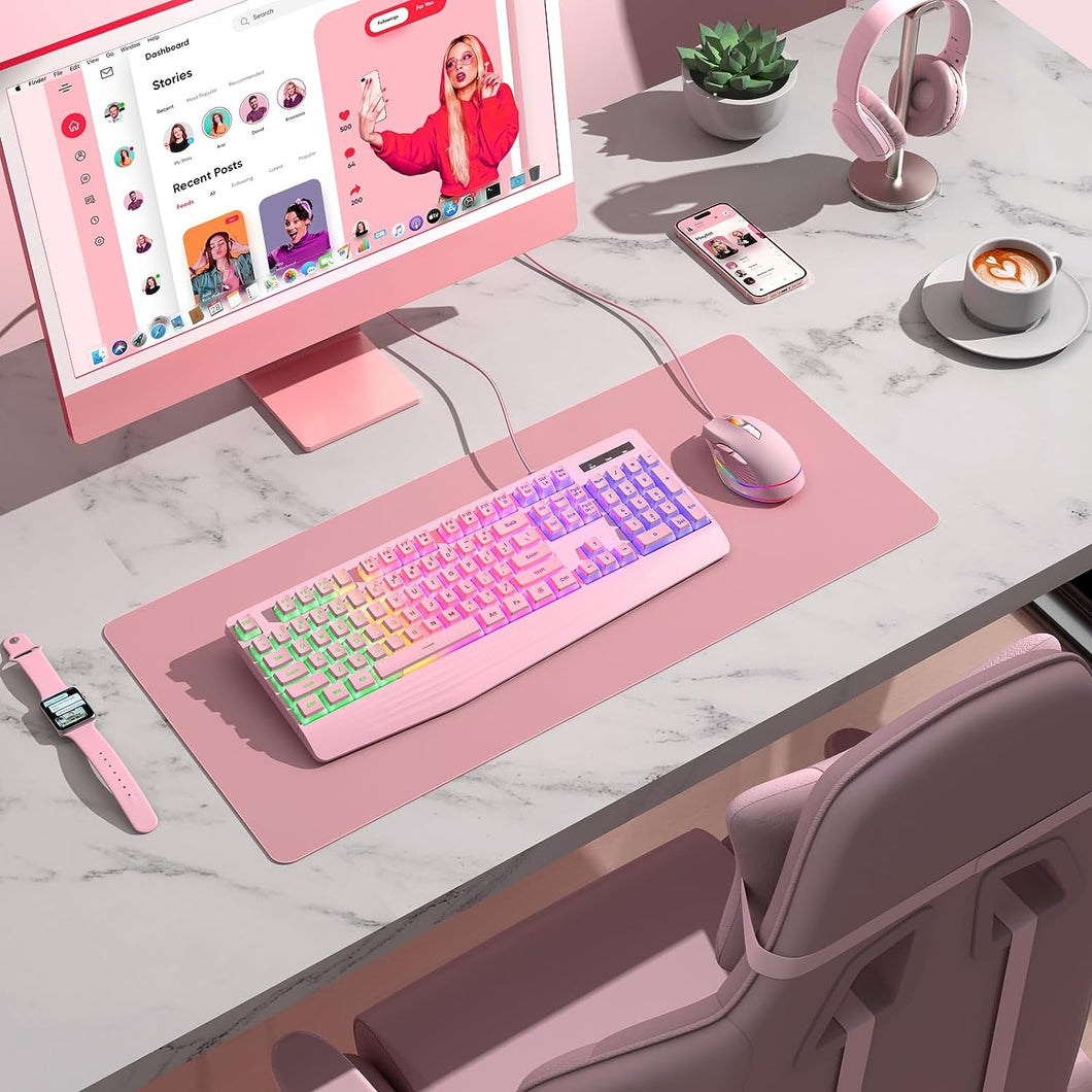 Pink/ Gaming Keyboard/7-Color Rainbow LED Backlit/ 104 Keys Quiet Light Up Keyboard