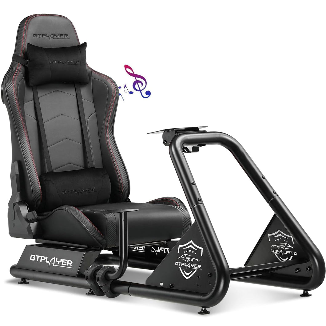 Black/Racing Simulator Cockpit with Seat and Bluetooth Speakers