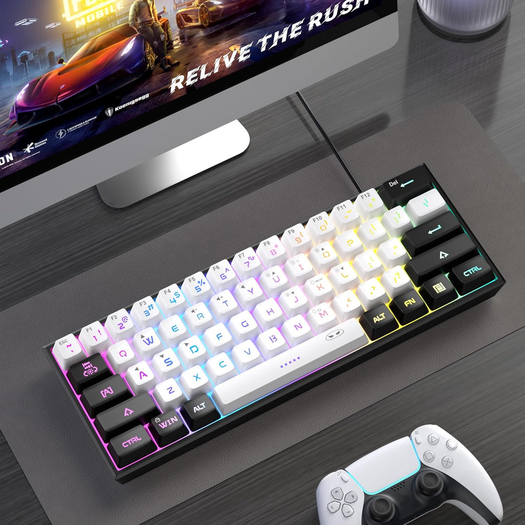 Black White/Mini 60% Gaming Keyboard/Upgrade RGB Backlit 61 Key Ultra-Compact Keyboard